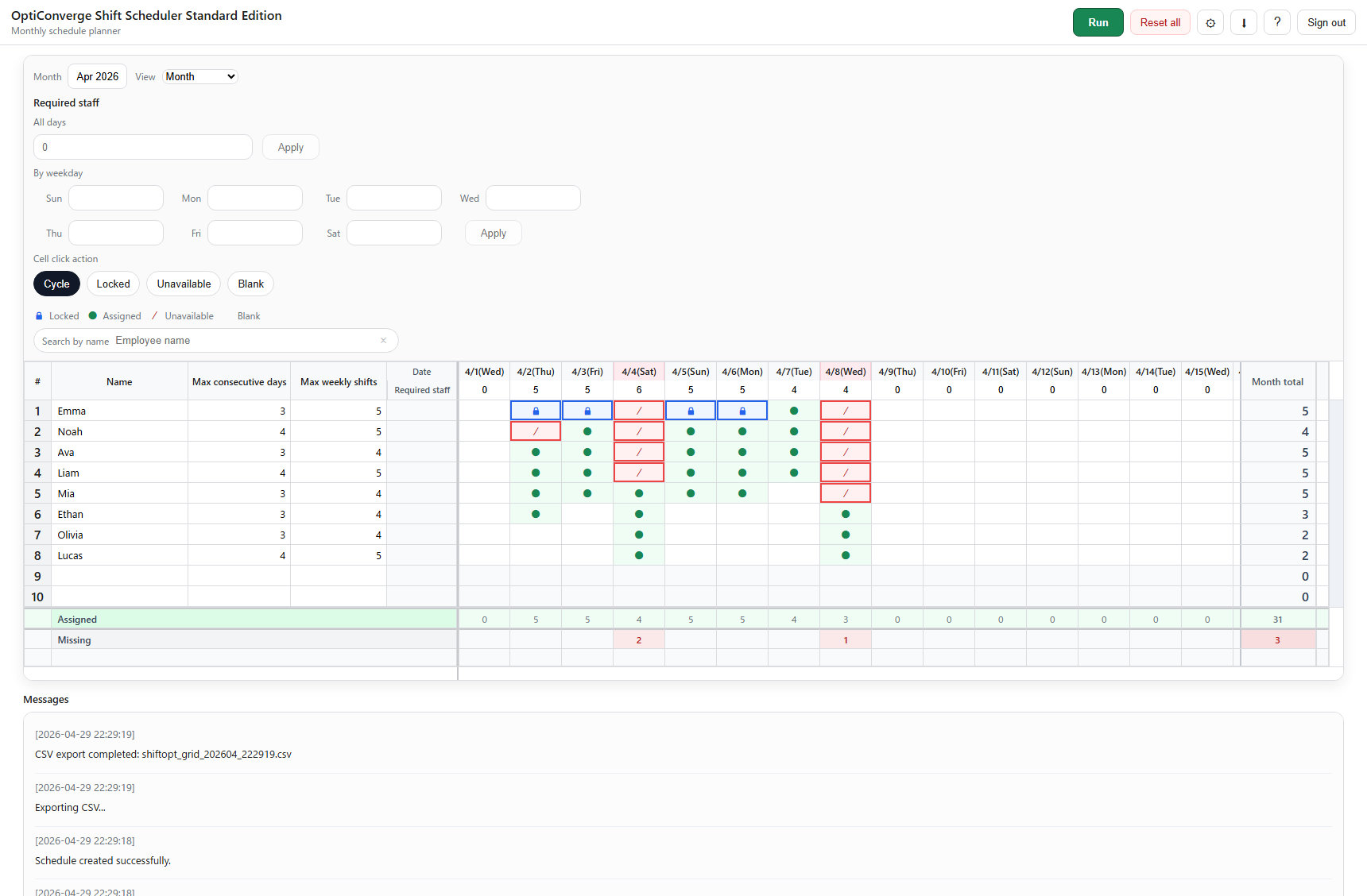 Current app UI CSV screenshot with dummy data